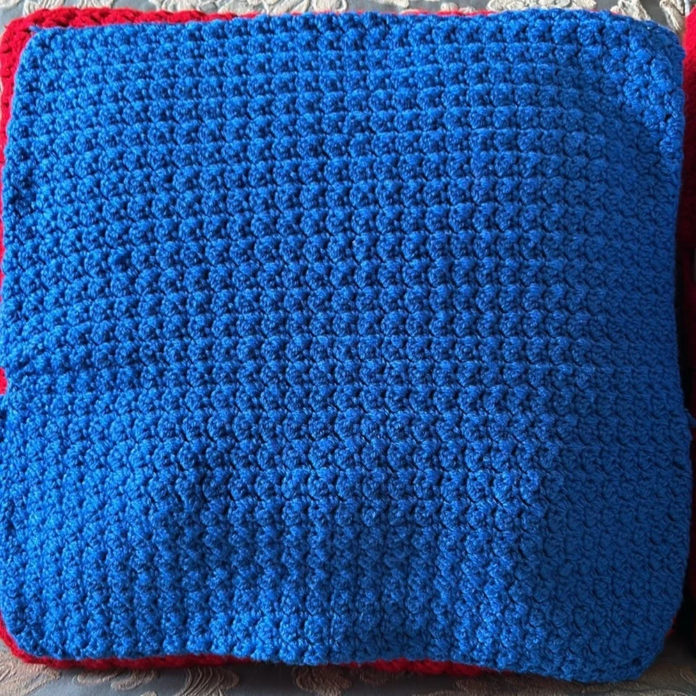 Hand Crafted Bright Blue Knit Throw Pillow Cover 18 x 18 Hand Crochet Heirloom